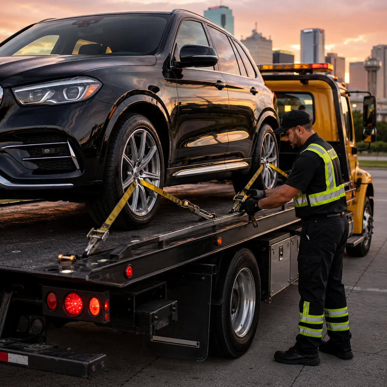 flatbed towing truck vehicle securement by Urgent Tow Network DFW