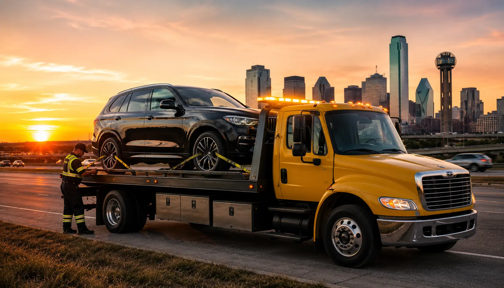 flatbed towing dallas luxury SUV loaded on Urgent Tow Network truck