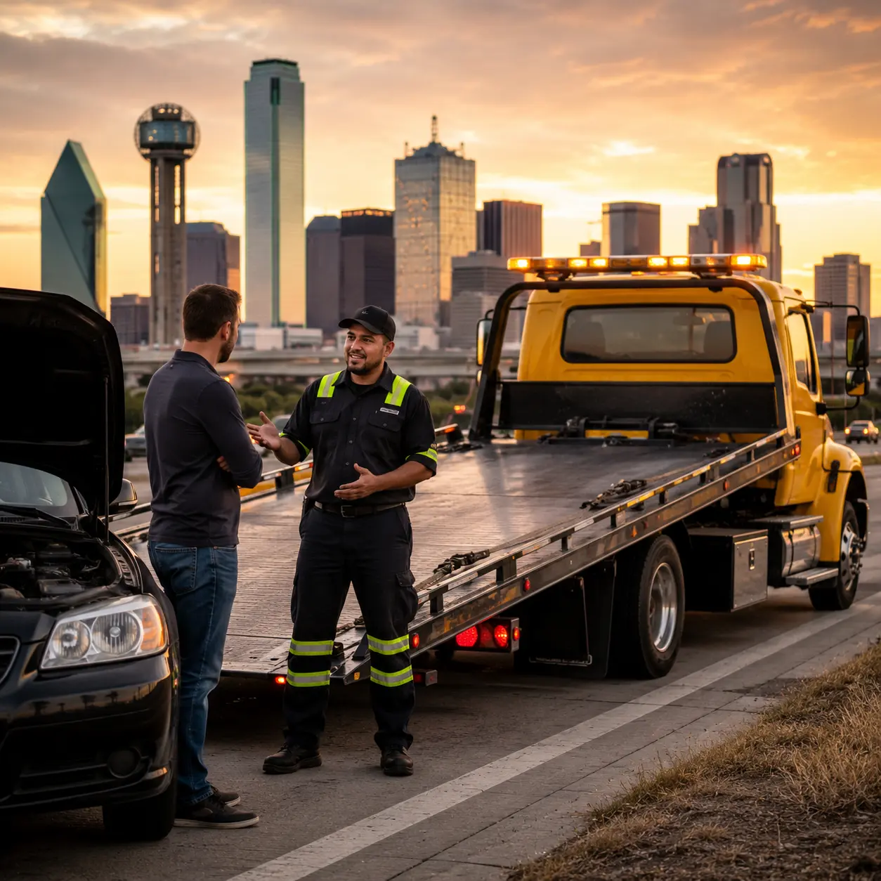 emergency towing dallas tow truck from Urgent Tow Network arriving on scene
